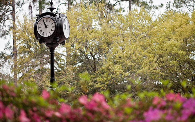 Photo of clock and flowers on campus