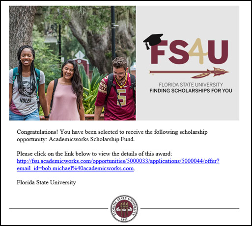Screenshot with phtot and FS4U logo plus "Congratulations" text, a link to details of award, and the FSU seal.