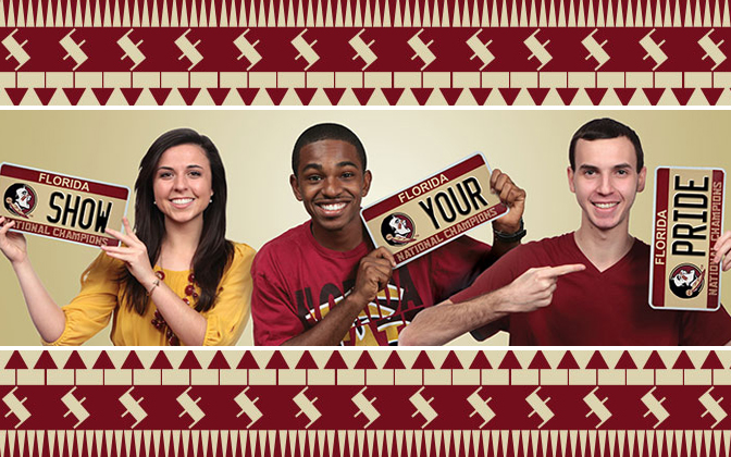 Students holding FSU license plates that spell out "Show Your Pride"