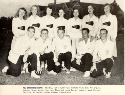 A group photo in black and white of the FSU cheerleaders from 1949