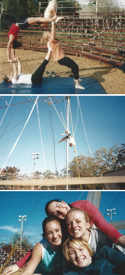 Three images of a group of FSU Circus alumna
