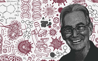 A black and white headshot of Marc Julius in front of illustrations of microscopes, DNA and other science-related objects