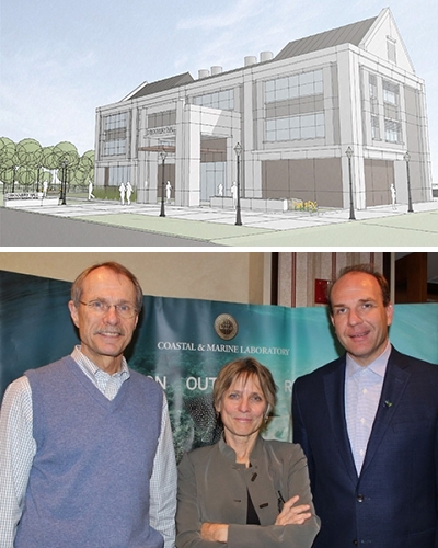 Top Photo: Discovery Hall Rendering; Bottom Photo: Donor Ed Mansouri, FSUCML Director Felicia Coleman and Associate VP for Research Ross Ellington